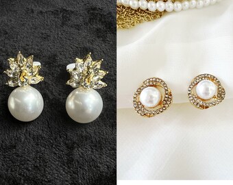 2 Styles Pearl Geometric Clip On Earrings Clip On Earrings, non-pierced ears, Bridal Earrings, Clip on Drop earrings