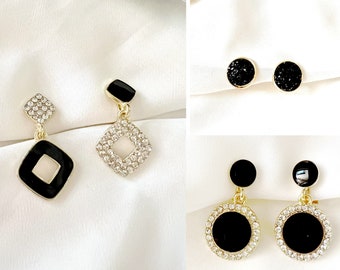 3 Styles Black colours Decor Clip On Earrings, Clip On Earrings, Earrings, non-pierced ears, Clip on Drop & Dangle earrings