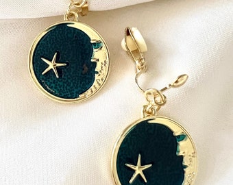 Star Moon Clip On Earrings, Clip On Earrings, Earrings, non-pierced ears, Fashion Earrings, Clip on Drop & Dangle earrings, Dainty earrings
