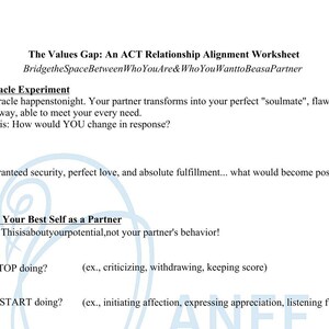 May include: A white worksheet titled "The Values Gap: An ACT Relationship Alignment Worksheet" with questions about relationships. The worksheet is divided into sections including "The Miracle Experiment" and "Envision Your Best Self as a Partner."