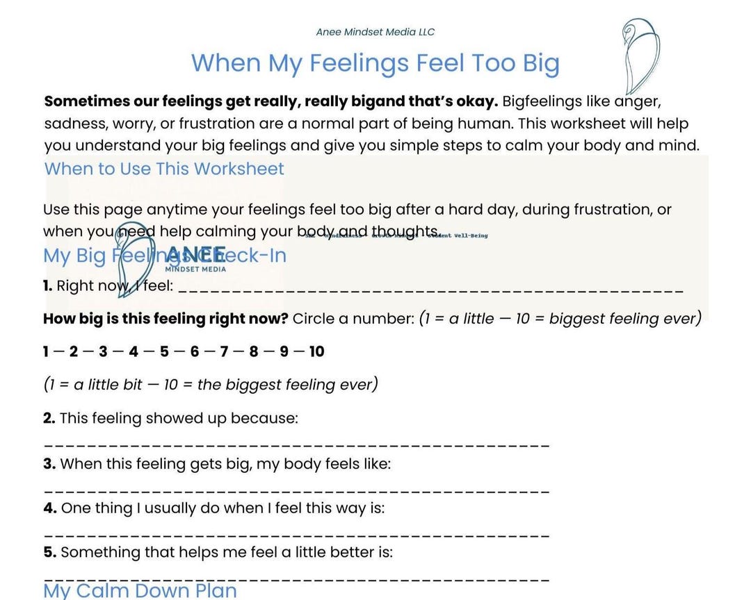 Big Feelings Worksheet for Kids | Printable | Calm Down Plan | Coping ...
