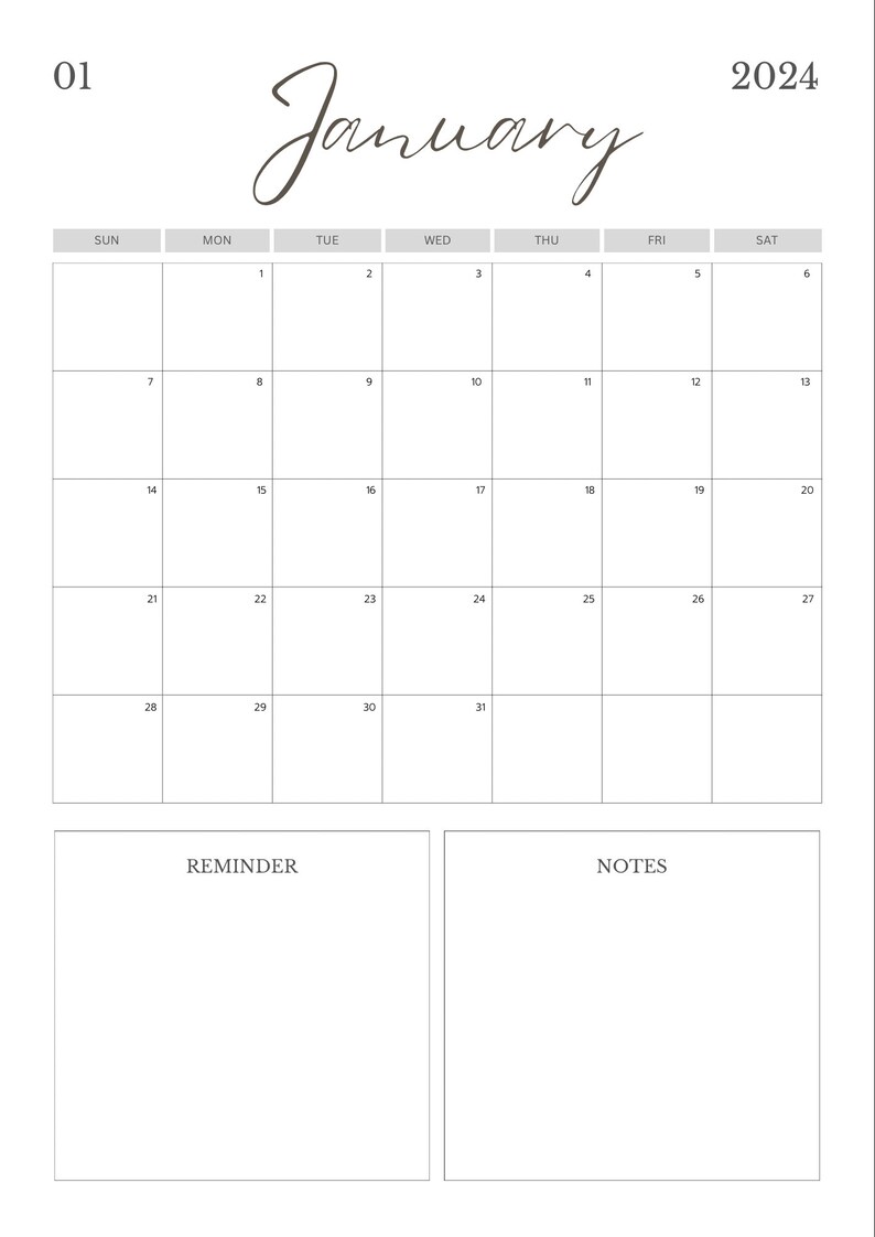 Digital Calendar 2024 A4 Portrait Monthly Calendar Wall Calendar 2024