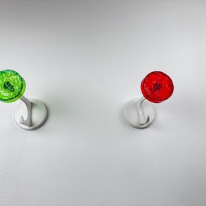 Vintage Lucite Wall Hooks 1970s Pop Art Acrylic Coat Hooks Green Red, European Space Age Set of 2