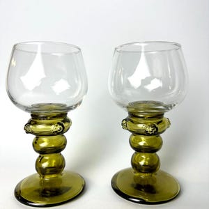 2 vintage liqueur/dessert glasses with green stems | Handcrafted nub glasses | Mid-century bar glass | inspired by Holmegaard