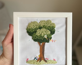 Embroidered tree- “The Big Oak” with kite and girl reading