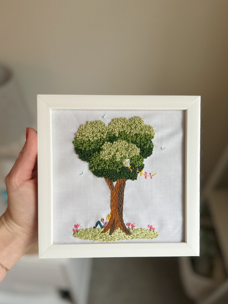 Embroidered tree The Big Oak with kite and girl reading image 1