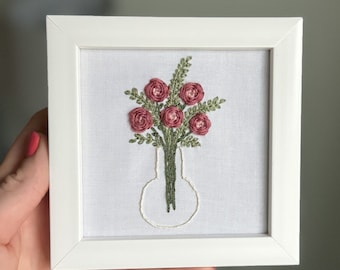 Embroidered Rose Bouquet in a vase- available in a 4 inch hoop or white frame