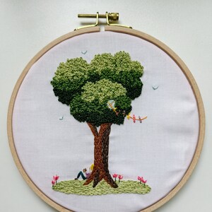 Embroidered tree The Big Oak with kite and girl reading image 2