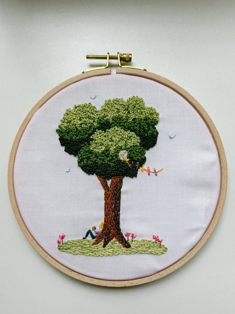 Embroidered tree The Big Oak with kite and girl reading image 2