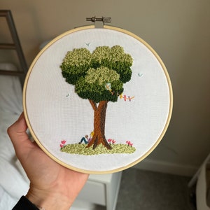 Embroidered tree The Big Oak with kite and girl reading image 3