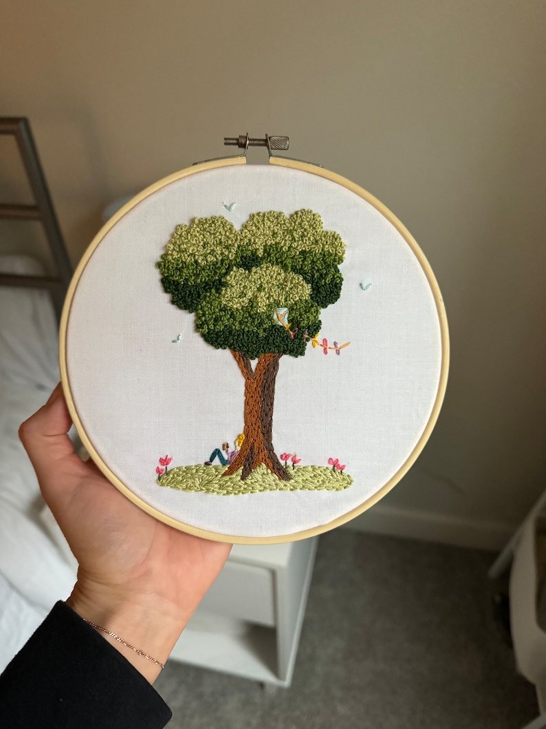 Embroidered tree The Big Oak with kite and girl reading image 3