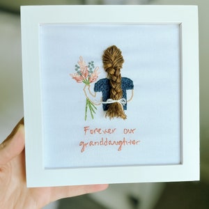 Fully CUSTOM embroidered 3D hair on girl with florals add phrase