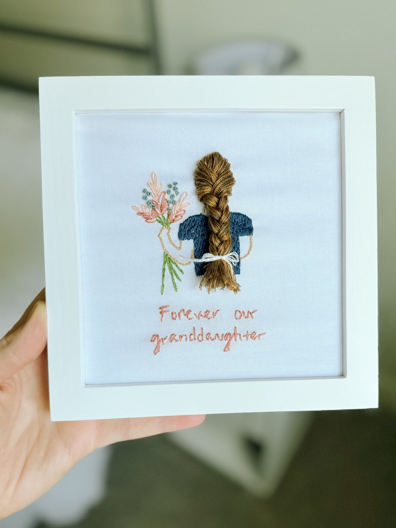 Fully CUSTOM embroidered 3D hair on girl with florals add phrase
