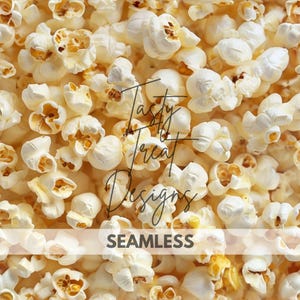 May include: A seamless pattern of popcorn kernels, with a mix of white and yellow hues. The image features the text "Tasty Treat Designs" and "SEAMLESS" in a white font, suitable for various design applications.