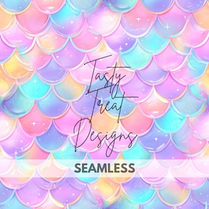 May include: A seamless pattern featuring a mermaid scale design in pastel colors. The scales are in shades of pink, purple, blue, and yellow, with a subtle glitter effect. The text "Tasty Treat Designs" and "SEAMLESS" are overlaid on the design.