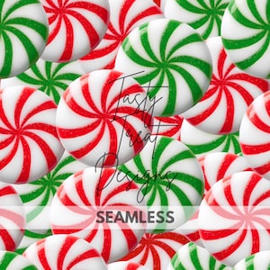 May include: Seamless pattern of red, white, and green peppermint candies. The candies have a spiral design. The text "Tasty Treat Designs" and "SEAMLESS" are overlaid on the image.