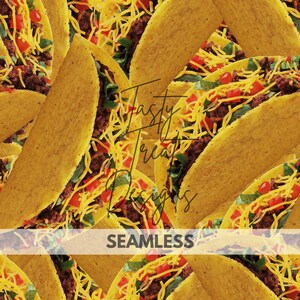 May include: A seamless pattern featuring a close-up of multiple yellow corn tortillas filled with ground beef, shredded cheese, lettuce, and diced tomatoes. The tacos are arranged in a random pattern, creating a visually appealing and appetizing design.