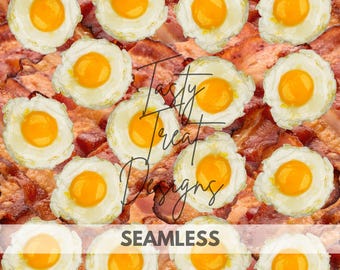 Sömlöst mönster med bacon och ägg till frukost | Realistiskt digitalt pappersmönster som upprepas | 12x12 | Utskrivbar matbakgrund | JPG PNG | 300DPI
