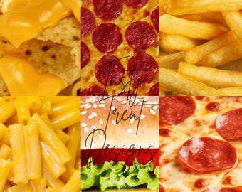 Lot de papiers numériques pour restauration rapide | 6 feuilles | Pizza, hamburgers et frites | 15 x 15 pouces | 300 ppp | arrière-plan imprimable | JPG et PNG