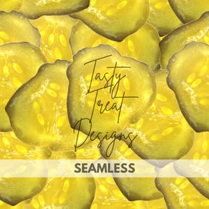 May include: Seamless pattern featuring overlapping slices of yellow pickles. The image has a bright, sunny appearance with the text "Tasty Treat Designs" and "SEAMLESS" in the center.