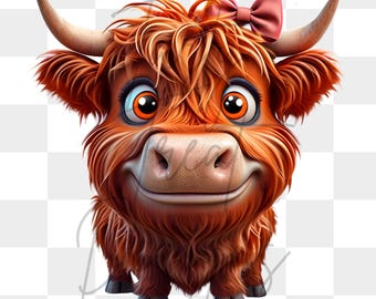 May include: A cartoon illustration of a Highland cow with orange fur, large eyes, and a pink bow. The cow has large horns and a friendly smile, giving it a cheerful appearance. The background is a checkered pattern.