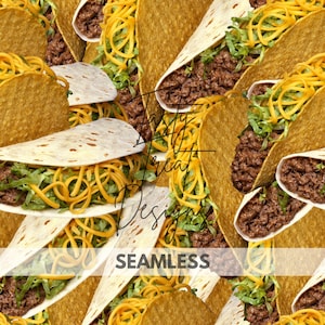 Può includere: Uno schema senza cuciture che presenta un primo piano di più tacos a guscio duro ripieni di carne macinata, formaggio grattugiato, lattuga e una salsa gialla. I tacos sono disposti in uno schema casuale, creando un design visivamente accattivante e appetitoso.