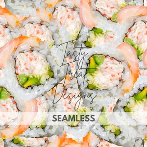 May include: A seamless pattern featuring sushi rolls with rice, avocado, and salmon. The rolls are arranged closely together, creating a full coverage design. The text "Tasty Treat Designs" and "SEAMLESS" are overlaid on the image.