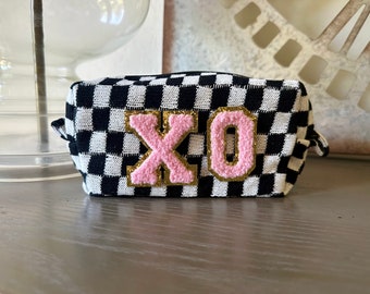 Personalized Chenille Patch Checkered Cosmetic Bag | Custom Patch Make Up Pouch | Checker Makeup Bag | gift for her | Personalized Gift