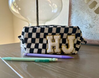 Personalized Chenille Patch Checkered Cosmetic Bag | Custom Patch Make Up Pouch | Checker Makeup Bag | gift for her | Personalized Gift