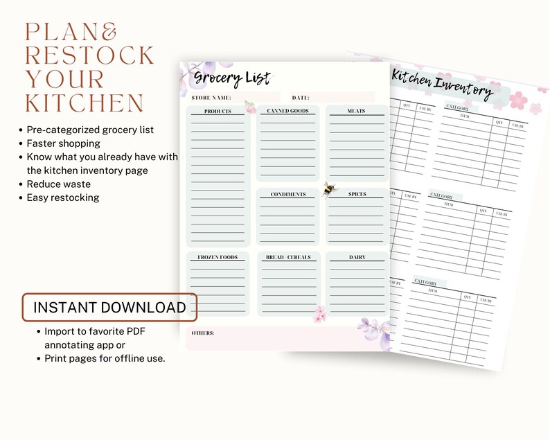 Kitchen Planner Bundle | Grocery List, Kitchen Inventory, Recipe ...