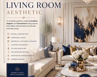 Guida di design per un soggiorno di lusso, tema blu e oro, PDF di interior design