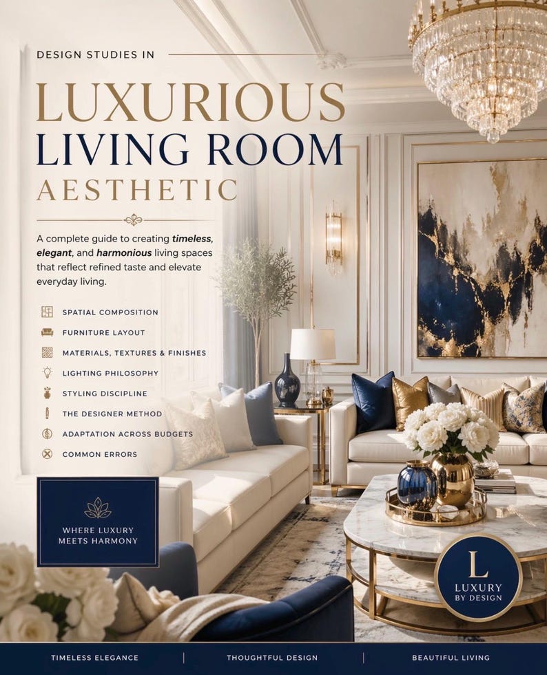 Luxury Living Room Design Guide, Blue Gold Theme, Interior Styling PDF ...