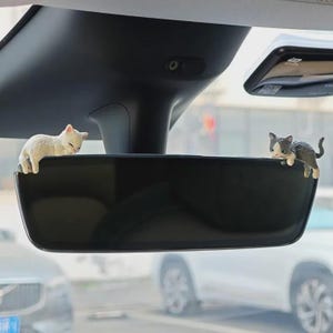May include: A black car rearview mirror with two small cat figurines attached. One cat is white, the other is gray and white. The figurines are perched on the edge of the mirror, adding a decorative touch.