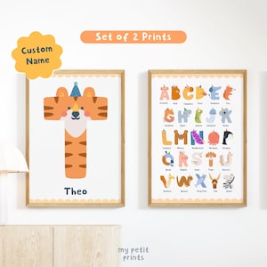 Impresión de nombre inicial personalizada - Póster con alfabeto de animales para guardería - Decoración de pared para habitación de niños y bebés - Regalo para niños - Descarga digital