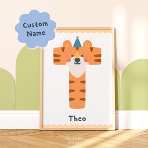 Impressão inicial personalizada com nome infantil - Decoração de parede com letras de animais - Pôster de alfabeto personalizado para quarto infantil - Presente de aniversário e chá de bebê para crianças