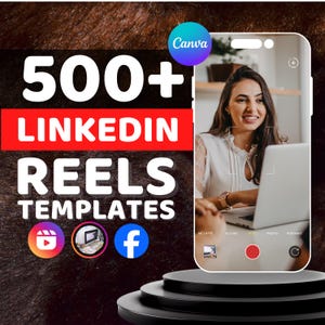 May include: An image promoting 500+ LinkedIn Reels templates. The text is displayed over a dark background, with a woman using a laptop on a smartphone screen. Social media icons for Instagram, a laptop, and Facebook are also included.