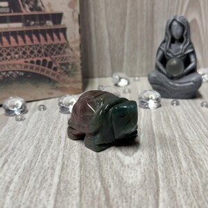 Peut inclure: Une figurine de tortue en agate verte, rose et brune. La tortue est sculptée dans un style réaliste et a une finition lisse et polie.