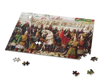 May include: A colorful jigsaw puzzle depicting a historical scene of a procession of people on horseback and on foot. The puzzle pieces are scattered around the completed image.