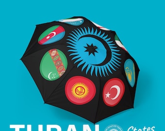 May include: Black umbrella featuring a design with flags of various countries and a central blue emblem. The word "TURAN" is displayed in large white letters at the bottom, with "States Shop" below it.
