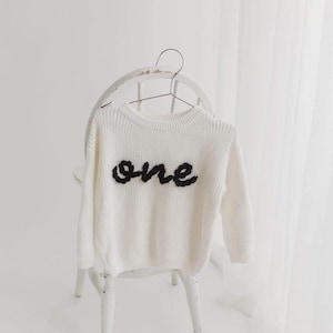 Birthday Sweater | Number One Sweater | Simple Hand Embroidered Sweater | Personalized | Baby Birthday | Oversized Chunky Knit Sweater