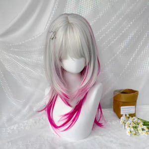 Coole meisjeskop zilverwit roze highlighting halflang haar hoge temperatuur zijden pruik Sweethead zilverwit hoogtepunt roze roze pruik