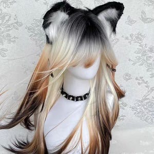 Leuke meisjesachtige zwarte oranje donkerbruine pruik met kleurverloop, schattige zijden pruik in lolitastijl op hoge temperatuur, lieve en schattige pruik met lange pony en kleurverloop