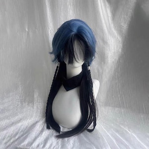 クールガール ブルーハイライト ブラックウィッグ パンクスタイル ロングストレートヘア 高温シルクウィッグ クラゲヘッド ウルフテール ボラヘッドウィッグ