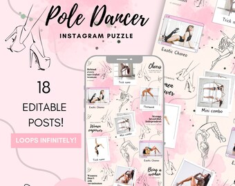 Pole Dancer Instagram Puzzle Canva Template, bearbeitbarer Pole Dance Instagram Feed, Pole Instruktor Instagram Design, Pole Dance IG-Vorlage
