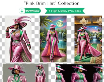 Puede incluir: Cinco ilustraciones digitales de una mujer con un traje rosa con ribetes verdes y un sombrero rosa con una banda verde. La mujer está de pie en diferentes poses y fondos. Las ilustraciones están en un estilo de pintura digital.