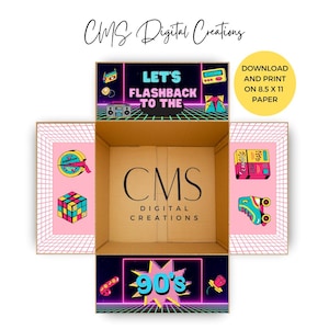 May include: A cardboard box with a retro 90s theme. The box features the text "CMS Digital Creations" and "Let's Flashback to the 90's". The box also includes images of a Rubik's cube, a boombox, and a cassette tape.