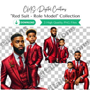 May include: Four digital illustrations of people wearing red suits. The illustrations are of a man and a boy, a man and a boy, and two boys. The illustrations are set against a transparent background.