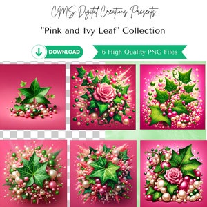 Puede incluir: Seis ilustraciones digitales de arreglos florales rosas y verdes con perlas. Los arreglos presentan hojas de hiedra, rosas rosas y perlas en varios tonos de rosa y blanco.