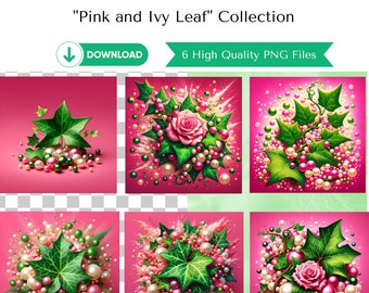 May include: Six digital illustrations of pink and green floral arrangements with pearls. The arrangements feature ivy leaves, pink roses, and pearls in various shades of pink and white.