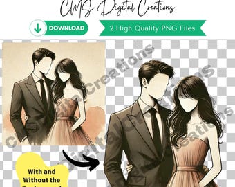 May include: A digital illustration of a couple in formal attire. The man is wearing a black suit with a white shirt and a black tie. The woman is wearing a pink dress with a strapless neckline. The image is available as a digital download in two high-quality PNG files, with and without the background.